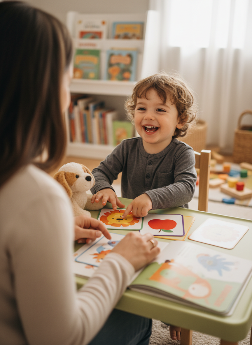 A child laughing with a therapist during a flashcard activity