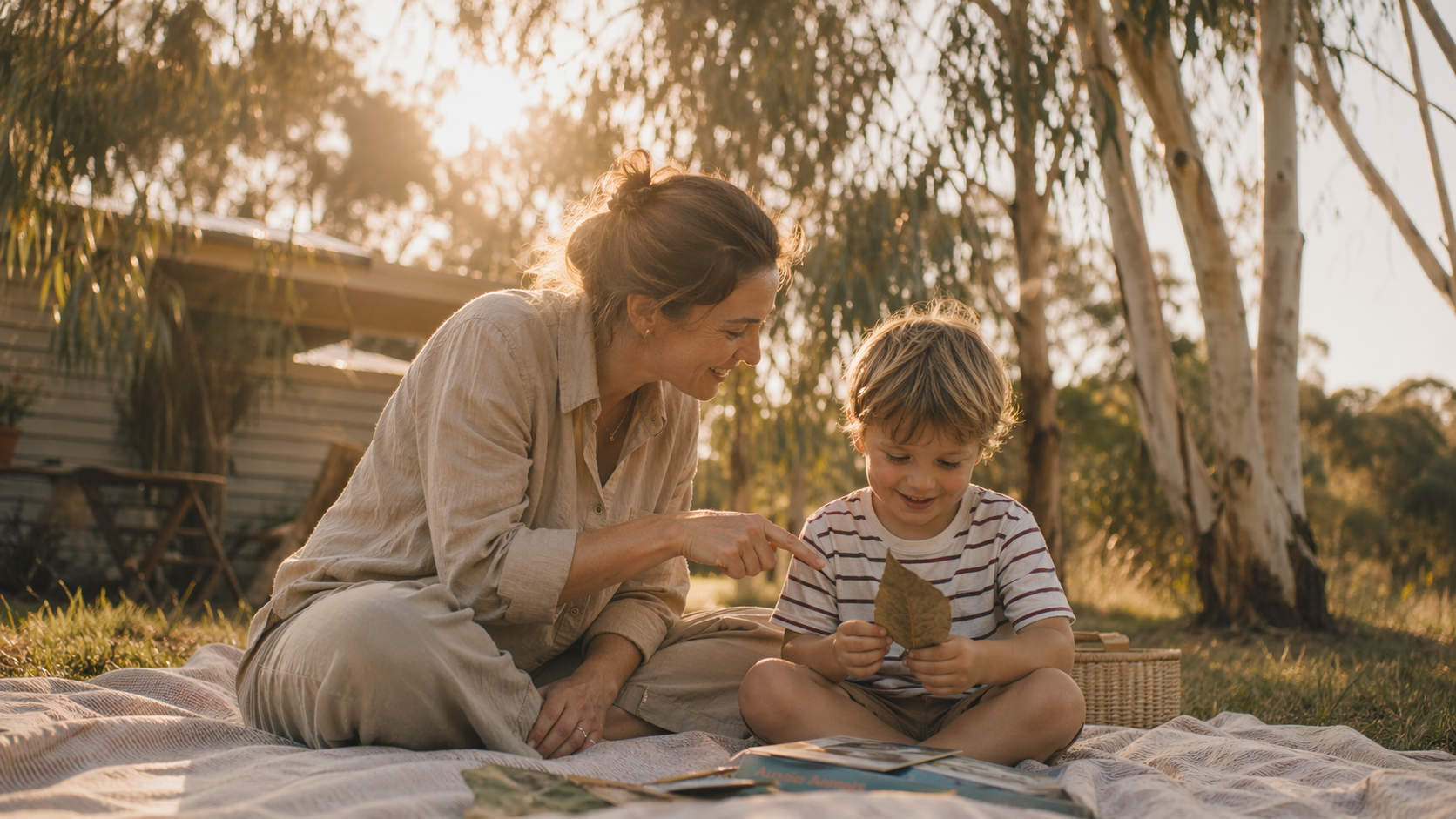 Speech pathologist and a young child sharing a warm moment outdoors at golden hour