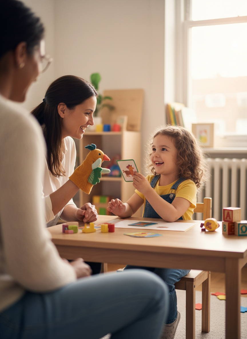 A therapist and a young girl drawing together at a table